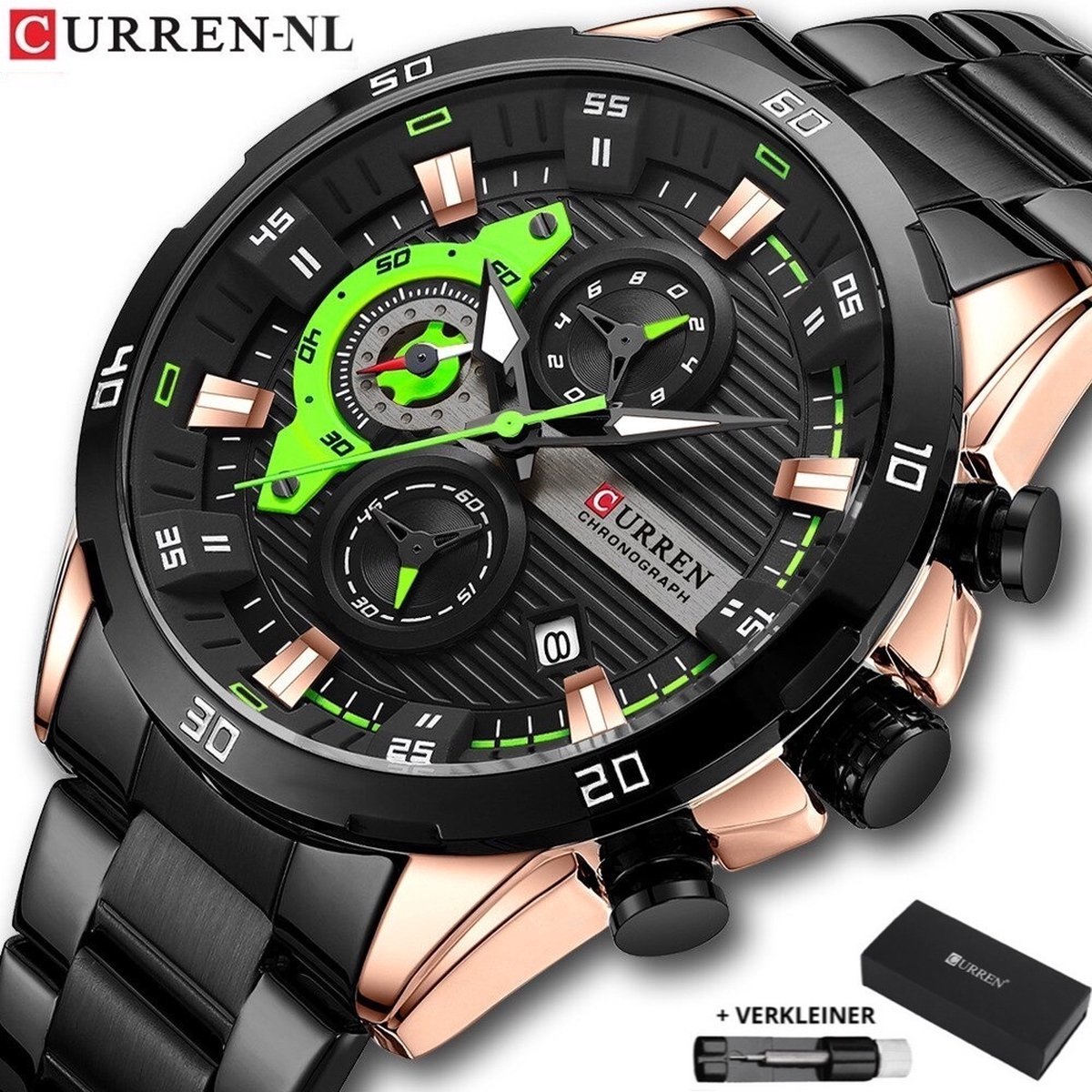 Horloges voor Mannen Heren Horloge Curren Herenhorloge Watch - Jongens Horloges - Zwart Rosé Groen