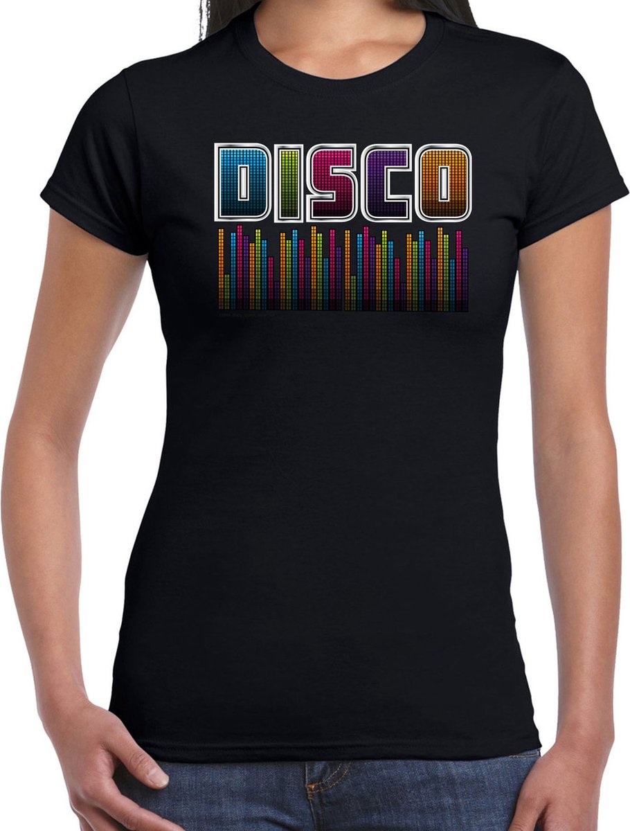 Bellatio Decorations disco verkleed t-shirt dames - jaren 80 feest outfit - disco sound wave - zwart XL